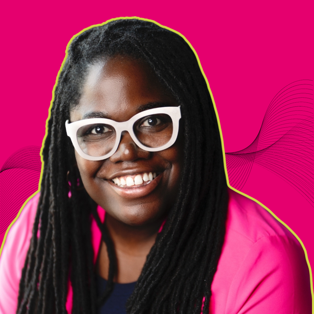 Speaker Dr. Asia Lyons outlined in lime green against a hot pink background with an abstract soundwave in black