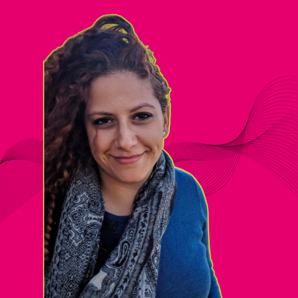 Speaker Azucena Garcia outlined in lime green against a hot pink background with an abstract soundwave in black