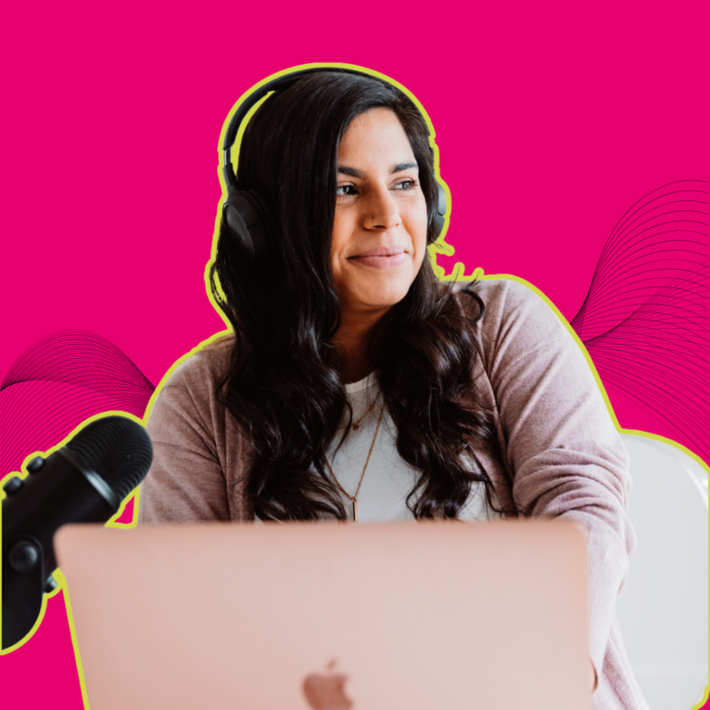 Speaker Mafe Salazar wearing headphones and a light pink sweater sits in front of a pink Apple Mac book and microphone in a white chair outlined in lime green against a hot pink background with an abstract soundwave in black