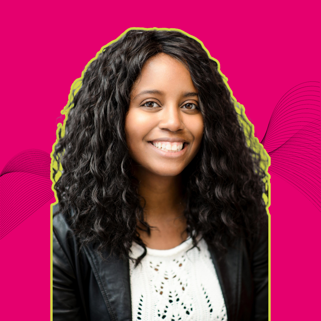 Speaker Michelle Jackson outlined in lime green against a hot pink background with an abstract soundwave in black