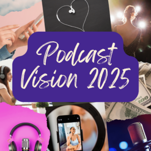 A scattered collection of photos of microphones, headphones, and video equipment behind handwritten text on a purple background that reads Podcast Vision 2025